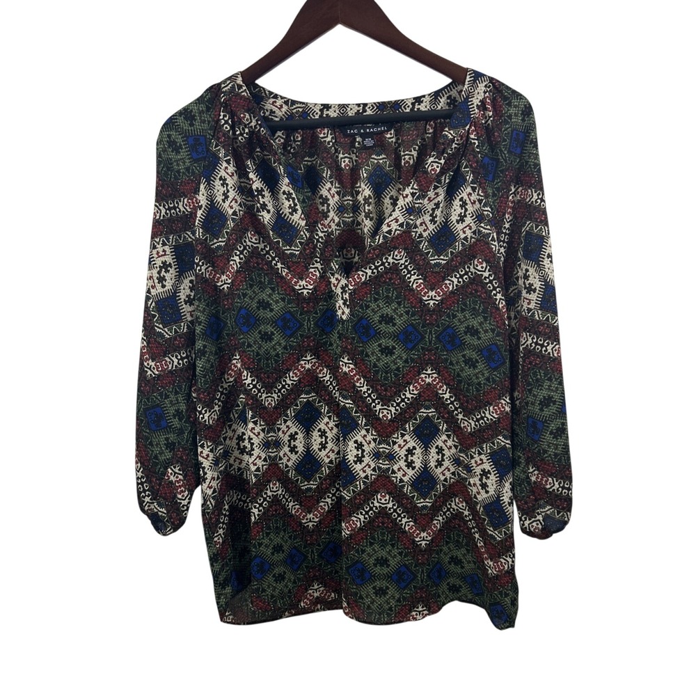 Zac & Rachel Women Medium Red Green Multicolor Blouse 3/4 Sleeves